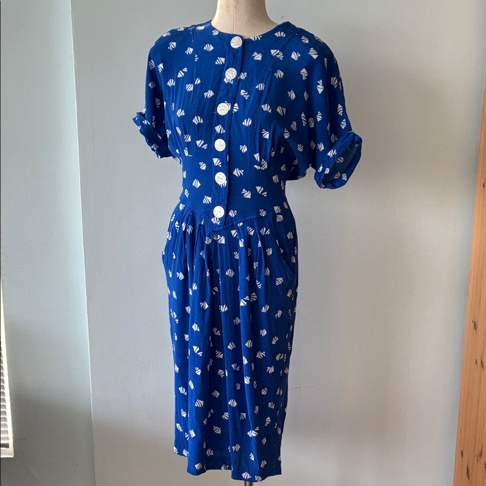 Vintage Blue Patterned Button-Up Dress - Picture 1 of 14